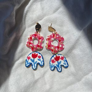 Handmade clay Gingham floral statement earrings