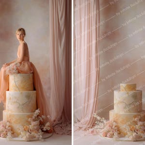 May include: A four-tiered cake with a marble-like design, adorned with floral arrangements. The cake is peach and cream-colored, with a woman in a peach dress sitting on top. Soft pink curtains and a painted backdrop complete the scene.