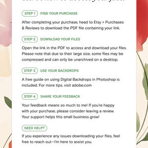 May include: A white rectangular graphic with instructions on how to access digital files after purchase. The text is in black, with green circular accents. Floral watercolor art frames the text.