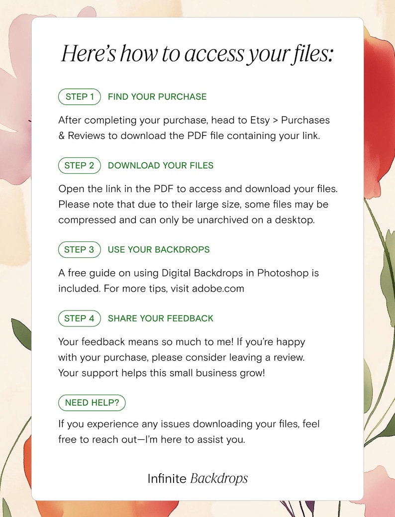 May include: A white rectangular graphic with instructions on how to access digital files after purchase. The text is in black, with green circular accents. Floral watercolor art frames the text.