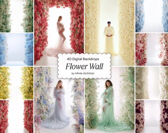 Backlit Flower Wall Set Backdrops: Floral Studio Backlight Maternity Backgrounds, Valentine Day Red Pink Roses Romantic Overlay, Digital JPG