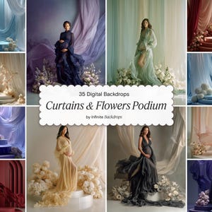 May include: A collection of digital backdrops featuring flowing curtains, floral arrangements, and podiums. The images showcase various color schemes, including blue, purple, and peach, with models in flowing gowns. Text on the image reads "35 Digital Backdrops Curtains & Flowers Podium".