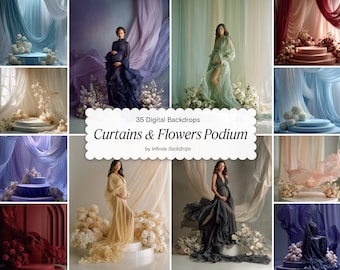 Maternity Backdrop Curtains & Flowers Podium, Luxury Studio Floral Digital Background for Pregnancy Wedding Photoshoot,