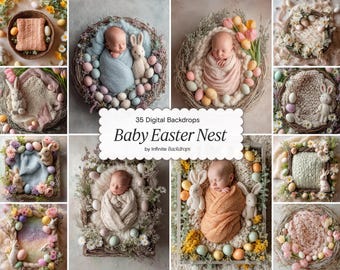Easter Nest Baby Digital Backdrops Set: Newborn Spring Floral Backgrounds, Studio Bunny Photography, JPG Download