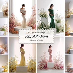 Digital Floral Podium Backdrops – White Glow Studio Backgrounds, Maternity Photoshop Overlay Set, Spring Maternity Backdrop for Photoshop