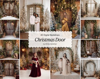 Christmas Door Backdrops Set, Snowy Trees Photography Backgrounds, Winter Room Studio Backgrounds for Photoshop
