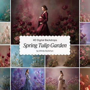 May include: A collection of 40 digital backdrops featuring a spring tulip garden theme. The images showcase various scenes with blooming tulips in shades of pink, purple, and white, with some featuring pregnant women. The text "Spring Tulip Garden" is displayed.