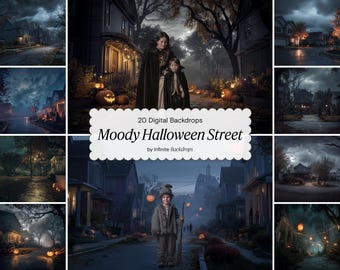 Moody Halloween Digital Backdrop: Autumn Street Pumpkin Fall Leaves for Maternity, Kids Seasonal Photography (Digital Download)