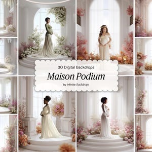 Maison Podium with Flowers Backdrop, Floral Stage Pedestal, Elegant Photoshop Background for Mockups, Maternity Photoshop Overlay Set, JPG