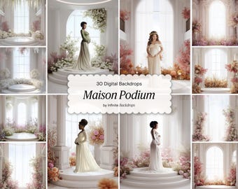 Maison Podium with Flowers Backdrop, Floral Stage Pedestal, Elegant Photoshop Background for Mockups, Maternity Photoshop Overlay Set, JPG