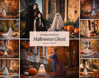 Halloween Ghost Backdrop: Autumn Pumpkin Fall Leaves for Maternity, Kids Seasonal Photography (Digital Download)