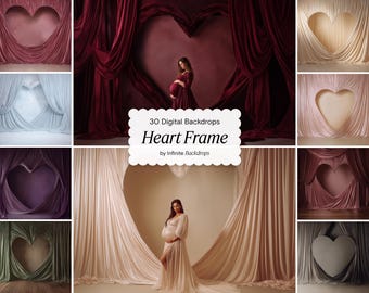 Valentine’s Heart Frame Studio Backdrops: Romantic Satin Velvet Heart Digital Maternity Photography, Floral Texture Overlay, Fine Art