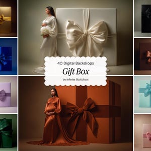 May include: A collection of gift boxes in various colors, including gold, blue, green, and pink, each adorned with a matching satin ribbon bow. The image also features a pregnant woman in a white dress and another in an orange dress.