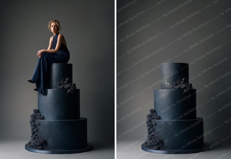 May include: A three-tiered navy blue cake with dark floral decorations. A person in a navy blue dress sits atop the cake. The cake is on a dark gray background. The cake is a centerpiece for a wedding or special event.