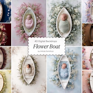 May include: A collection of digital backdrops featuring small wooden boats surrounded by flowers. Some images show a newborn baby swaddled in the boat. The text "40 Digital Backdrops Flower Boat by Infinite Backdrops" is displayed.