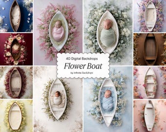 Baby Floral Boat Backdrop Set: Newborn Spring Fine Art Textures Portrait Flower for Girl Boy Digital Background, Studio Photography
