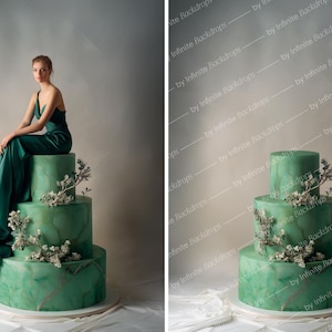 May include: A three-tiered, emerald green cake with a marble effect, adorned with delicate white floral accents. A person in a matching green dress sits atop the cake. The cake is on a white cake stand.