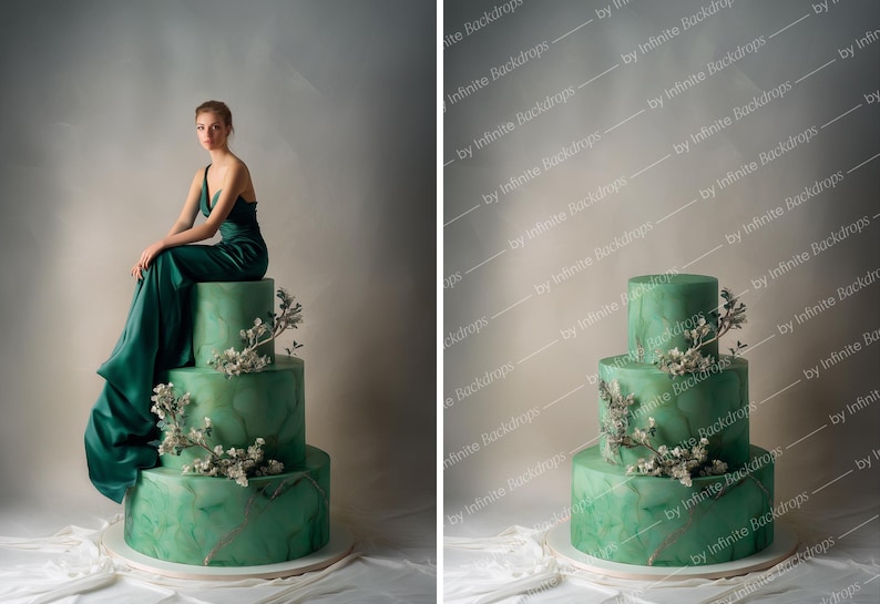 May include: A three-tiered, emerald green cake with a marble effect, adorned with delicate white floral accents. A person in a matching green dress sits atop the cake. The cake is on a white cake stand.
