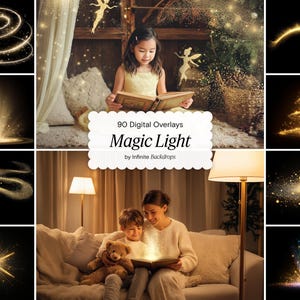 May include: A collection of digital overlays featuring glowing light effects. The image includes a young girl and a woman reading a book, with various light trails and bursts. Text on the image reads "90 Digital Overlays Magic Light by Infinite Backdrops."
