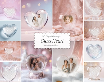 Glass Heart Valentines Overlays Set: Couple Maternity Digital Backdrops, Magic Light Composite Photography, Texture Overlay, Fine Art, PNG