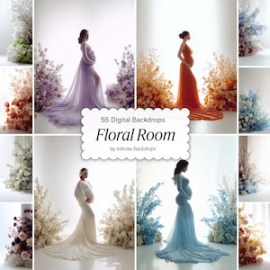 May include: A collection of digital backdrops featuring floral arrangements and pregnant individuals in flowing gowns. The image includes a variety of floral displays in colors such as white, pink, orange, purple, and blue. Text on the image reads "55 Digital Backdrops Floral Room by Infinite Backdrops."