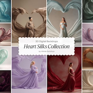 Può includere: Un collage di sfondi digitali con tessuti di seta fluenti a forma di cuore. La collezione "Heart Silks Collection" include immagini di persone incinte in abiti fluenti, con varie combinazioni di colori come verde acqua, lavanda e rosso.