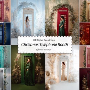 May include: A collage of digital backdrops featuring Christmas-themed telephone booths. The booths are in various colors, including red, green, and blue, and are decorated with festive elements like garlands and Christmas trees. The text reads "40 Digital Backdrops Christmas Telephone Booth by Infinite Backdrops."