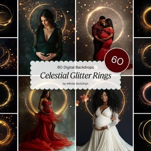 May include: A collage of digital backdrops featuring celestial glitter rings. The images showcase glowing golden rings with sparkling effects, and include photos of pregnant people in elegant gowns. The text reads "60 Digital Backdrops Celestial Glitter Rings".