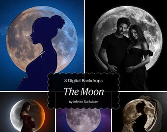 May include: Eight digital backdrops featuring a large, full moon in various colours and shades. The moon is the focal point of each backdrop, with a starry sky or a black background.