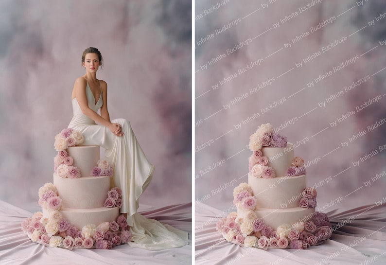 May include: A three-tiered cake decorated with pink and cream roses. A person in a white dress is seated on the cake. The background is a soft, blurred mix of pink and gray.