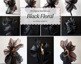 Black Floral Backdrop, Floral Maternity Digital Backdrop Floral Texture Overlay, Fine Art Studio Backdrop Photoshop Overlays, Nature’s Bloom