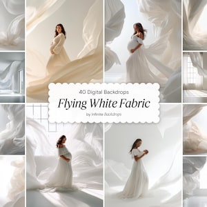 以下が含まれることがあります： 白い布が流れるデジタル背景と白いドレスを着た女性のコラージュ。画像には「40 Digital Backdrops Flying White Fabric by Infinite Backdrops」と書かれています。