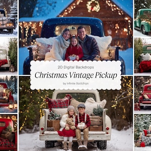 Può includere: Un collage di immagini con camioncini vintage decorati per Natale. I camioncini sono di vari colori, tra cui rosso, verde e blu, e sono pieni di coperte, cuscini e decorazioni natalizie. Il testo "20 Digital Backdrops Christmas Vintage Pickup" è visualizzato.