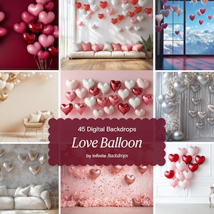 Valentines Day Heart Balloons Digital Backdrops, Maternity Photoshop Overlays Love Balloon Romantic Engagement Backdrop, Engagement backdrop