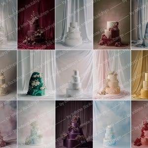 May include: A grid of 18 wedding cake backdrops, each with a unique design and color scheme. Cakes range from white to dark blue, with floral and textured details. The backdrops feature draped fabric and soft lighting.