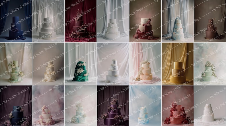 May include: A grid of 18 wedding cake backdrops, each with a unique design and color scheme. Cakes range from white to dark blue, with floral and textured details. The backdrops feature draped fabric and soft lighting.