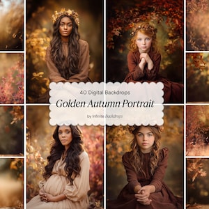 May include: A collection of four portraits with a golden autumn theme. The images show people in autumnal clothing, set against blurred backgrounds of fall foliage. Text reads "40 Digital Backdrops Golden Autumn Portrait by Infinite Backdrops."