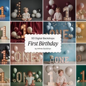 May include: A selection of digital backdrops for first birthday photography. The images showcase illuminated numbers, balloons, and floral arrangements in diverse colour schemes, with the text "First Birthday" and "ONE".