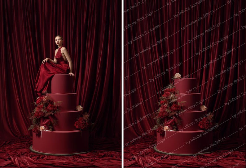 May include: A tiered, burgundy-colored cake with floral arrangements and a woman in a red dress. The cake is set against a backdrop of burgundy curtains and fabric, creating a dramatic and elegant scene.