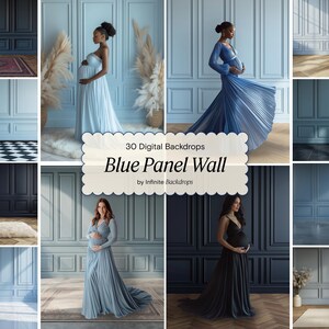 Pode incluir: Uma colagem de fundos digitais com paredes de painéis azuis. A imagem inclui mulheres em vestidos elegantes, posando em frente às paredes. O texto "30 Digital Backdrops Blue Panel Wall" é exibido em uma moldura decorativa.