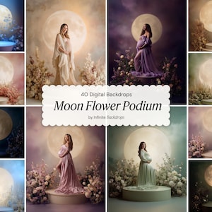 Może przedstawiać: Kolekcja cyfrowych teł z dużym księżycem, aranżacjami kwiatowymi i podestami. Tekst brzmi "40 Digital Backdrops Moon Flower Podium by Infinite Backdrops". Obrazy mają marzycielską, eteryczną jakość.