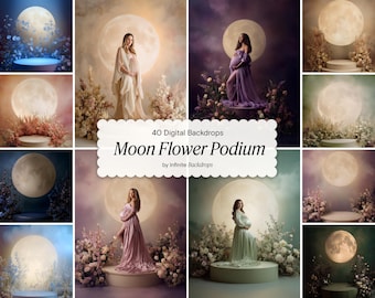 Moon Flower Podium Backgrounds: Floral Digital Maternity Backdrops for Studio & Photography