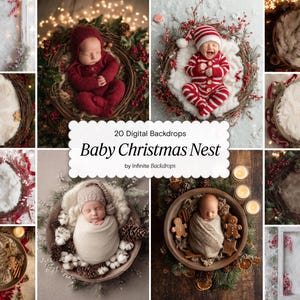 Pode incluir: Uma coleção de 20 fundos digitais para fotografia de recém-nascidos, com temas natalinos. As imagens mostram bebês em ambientes festivos, incluindo coroas, ninhos e decorações de Natal. O texto diz "Baby Christmas Nest by Infinite Backdrops."