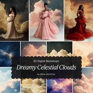 Puede incluir: 20 fondos digitales con nubes celestiales de ensueño en varios tonos de azul, rosa y amarillo. Las nubes están superpuestas y texturizadas, creando una sensación de profundidad y dimensión. Los fondos son perfectos para fotógrafos y diseñadores que buscan crear imágenes impresionantes y etéreas.