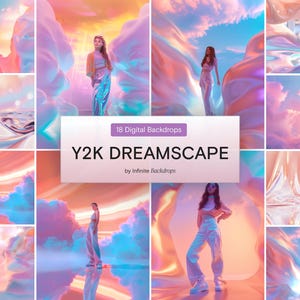 May include: A collage of 18 digital backdrops with a Y2K Dreamscape theme. The images feature models in various poses, set against a backdrop of pastel clouds, flowing fabrics, and surreal landscapes. The color palette includes pinks, blues, and purples.