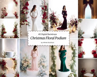 Christmas Floral Podium Backdrops – White Glow Studio Backgrounds, Holiday Photography Studio, Maternity, Family & Baby, Fine Art