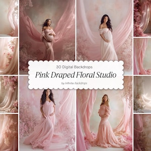 Puede incluir: Una colección de fondos digitales con tela drapeada rosa y arreglos florales. Las imágenes muestran a personas embarazadas con vestidos fluidos, creando una estética suave y romántica. El texto en la imagen dice "Pink Draped Floral Studio".