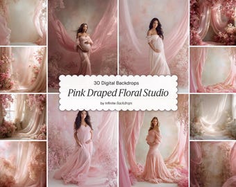 Pink Draped Floral Studio Backdrops: Cream Floral Blush Arch Digital Backgrounds for Photography, Baby’s Breath Digital Set