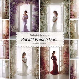 Backlit French Doors Backdrops Set, Backlit Arch Maternity Floral Digital Backdrop, Backlit Digital Studio Backdrop Overlay Fine Art Texture