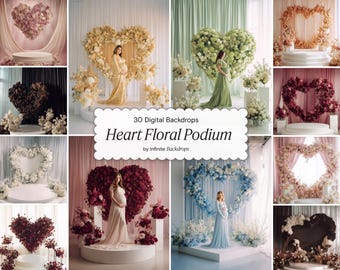 Heart Floral Podium Studio Backdrops: Valentine’s Heart Backgrounds, Romantic Digital Maternity Photography Set, Texture Overlay, Fine Art